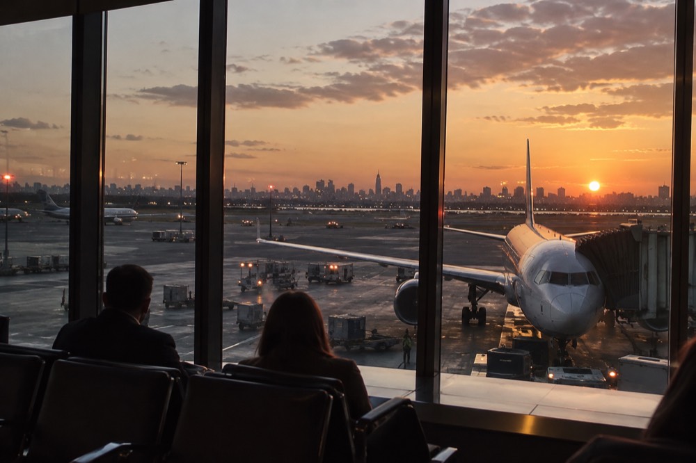 An airport departure gate window at dusk with a plane at the jet bridge and city lights on the horizon