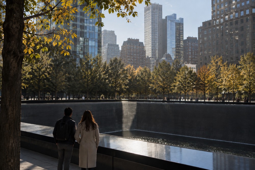 The reflecting pools of the 9/11 Memorial plaza surrounded by trees in Lower Manhattan
