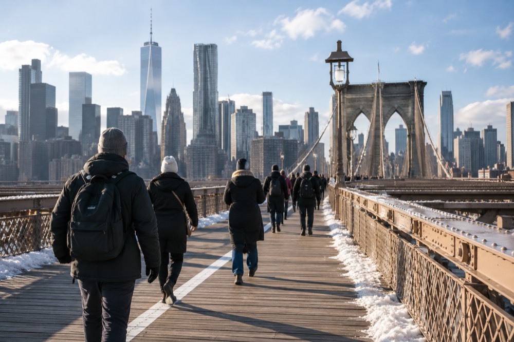 Pedestrians crossing the Brooklyn Bridge promenade with the Manhattan skyline in winter light
