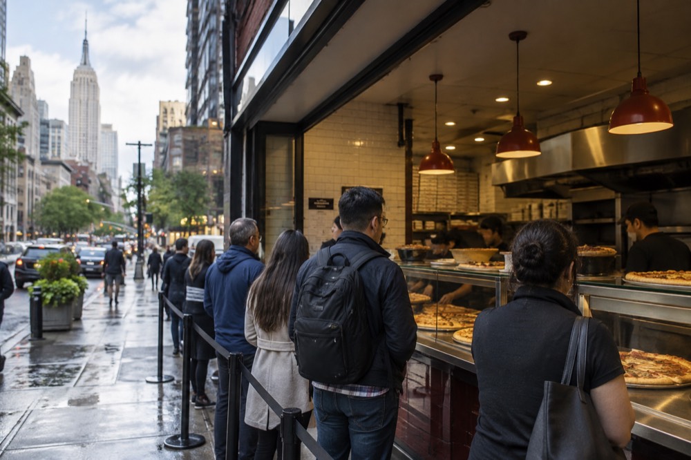 A line of people waiting at a busy pizza counter in a small New York shop