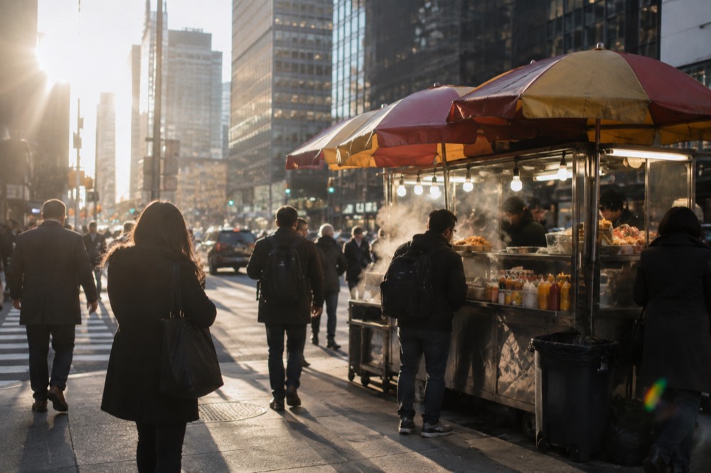 A halal food cart on a New York street corner serving a lunch rush