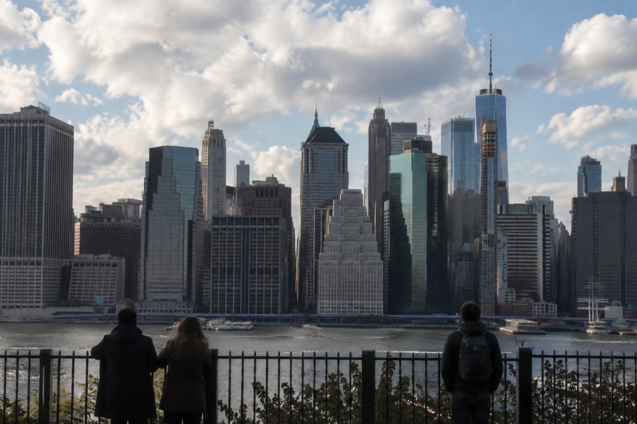 The Manhattan skyline seen from the Brooklyn Heights promenade on a clear afternoon