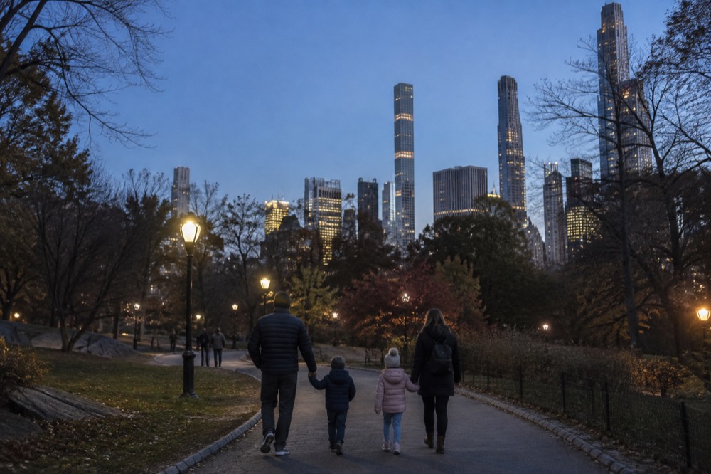 A family with two children walking along a wide park path with skyscrapers behind the trees