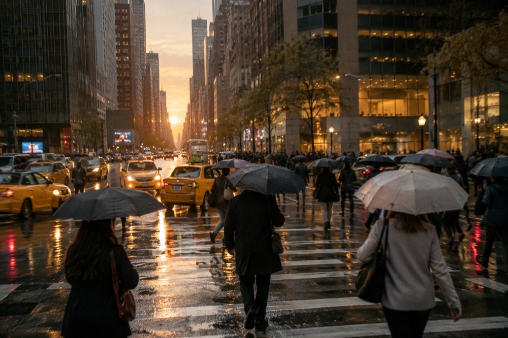 Visitors with umbrellas crossing a wet Midtown Manhattan street with yellow taxis