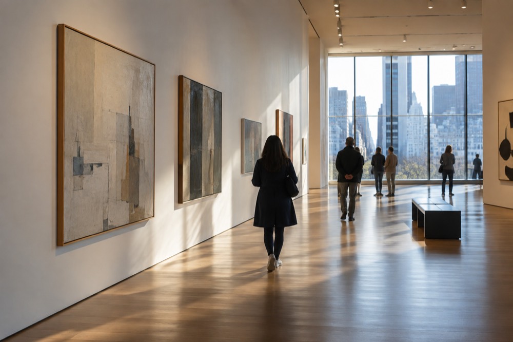 Visitors viewing paintings in a bright gallery at the Museum of Modern Art