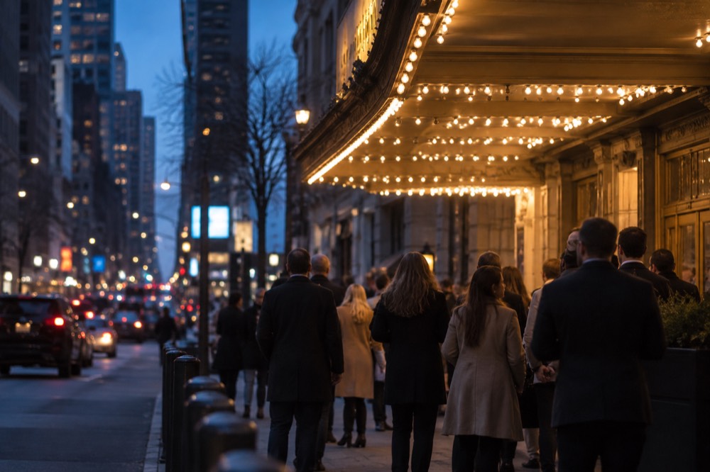 Theatergoers gathered under the glowing marquee lights of a Broadway theater on a wet evening