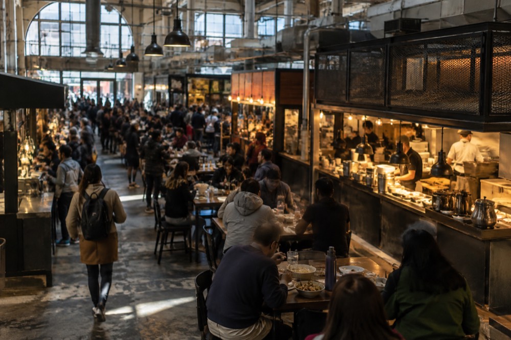 People eating at crowded food stalls inside an enclosed market hall