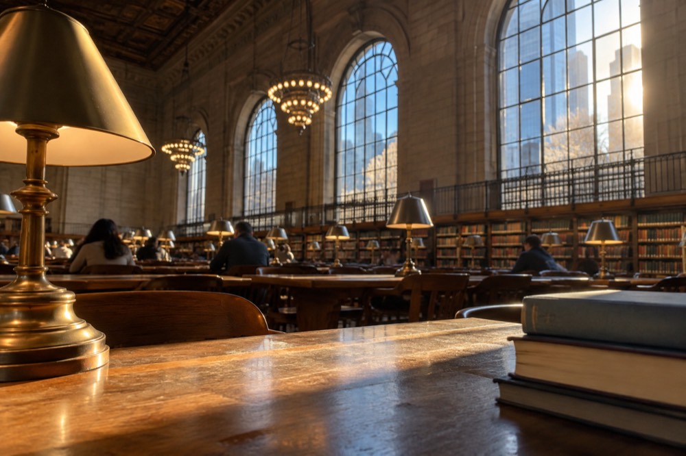 A grand library reading room with long wooden tables, brass lamps and tall arched windows
