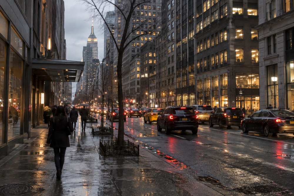 A city skyline at dusk with wet streets reflecting building lights after rain