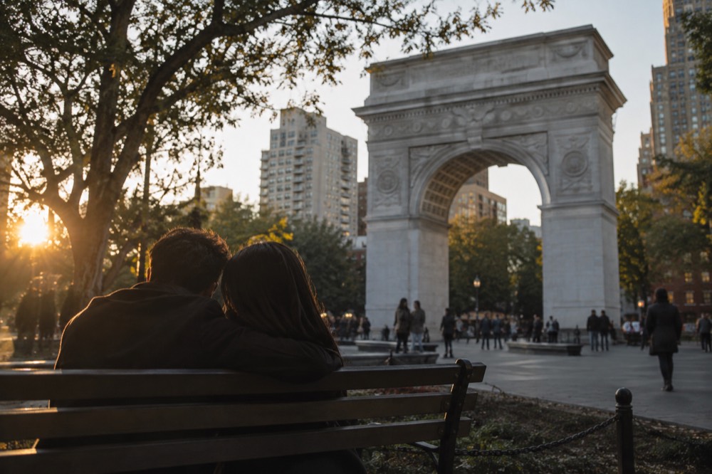A couple sitting on a bench in Washington Square Park at dusk with the arch behind them