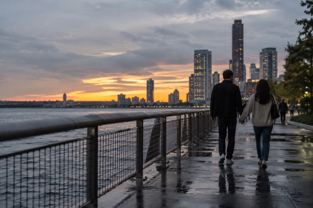 A couple walking hand in hand along the Hudson River waterfront path at dusk
