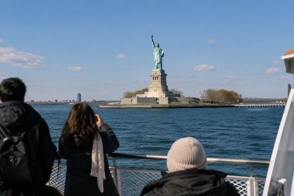 The Statue of Liberty seen from the deck of a ferry in New York Harbor